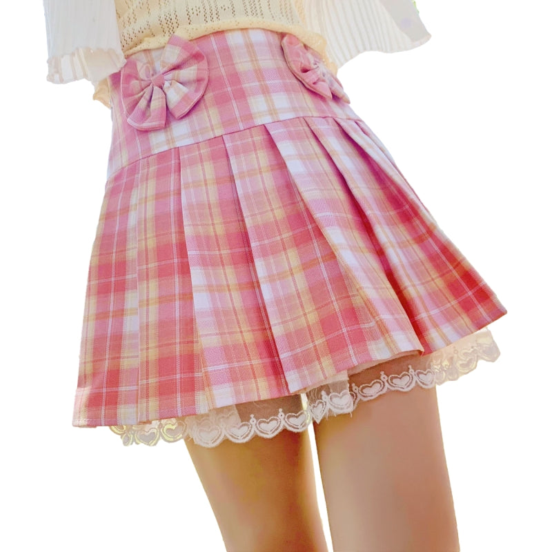 Pink Plaid Pleated Short Korean Fashion Skirt with Lace & Bow