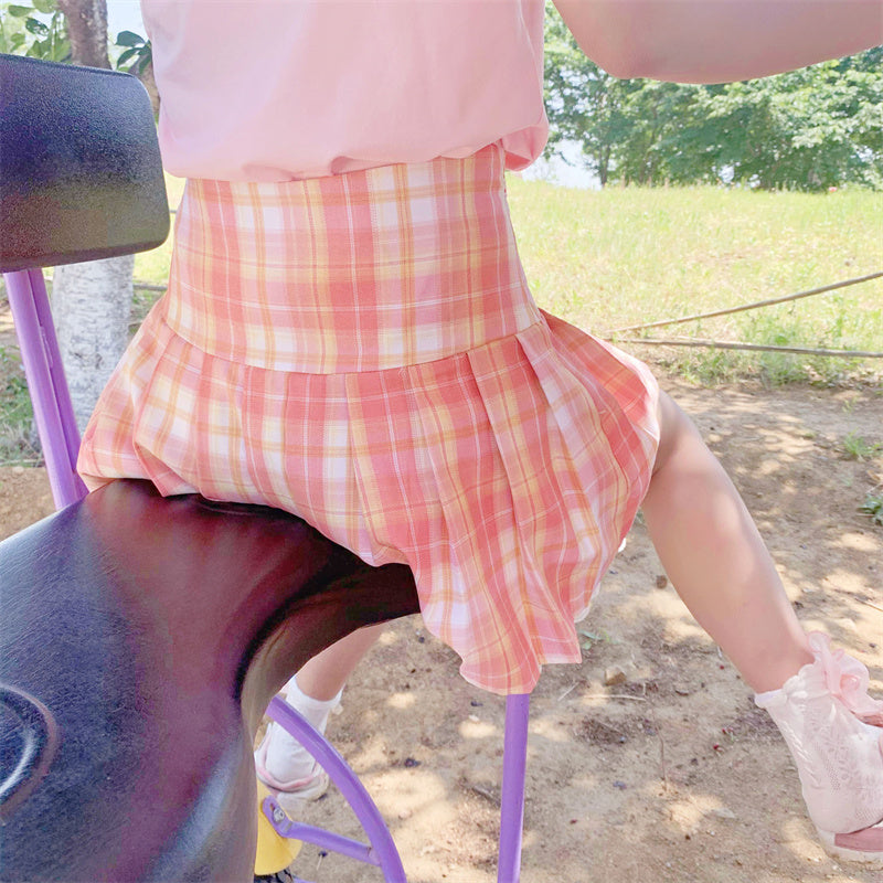 Pink Plaid Pleated Short Korean Fashion Skirt with Lace & Bow