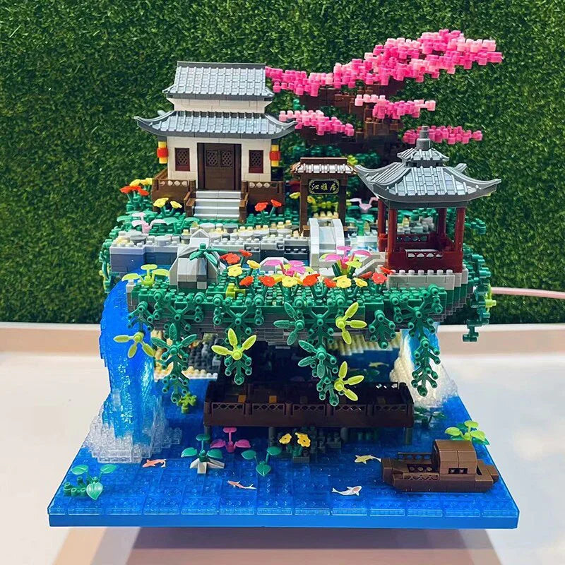 Waterfall Japanese House Sakura Tree Floating Island Nano Building Blocks | Limited Stock