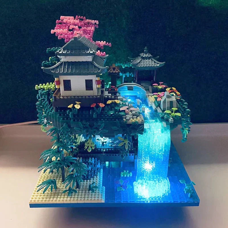 Waterfall Japanese House Sakura Tree Floating Island Nano Building Blocks | Limited Stock
