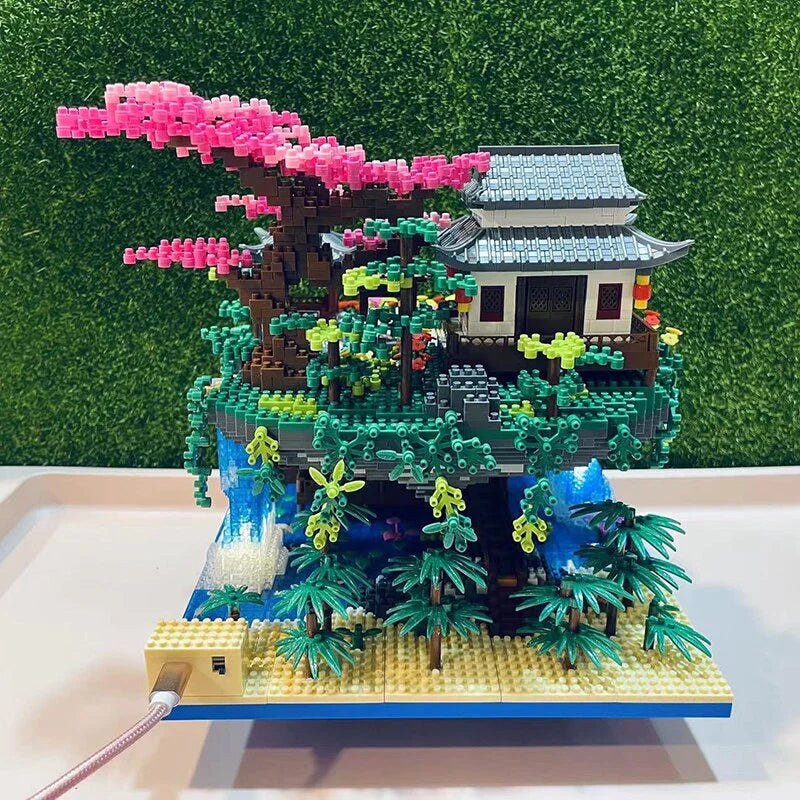 Waterfall Japanese House Sakura Tree Floating Island Nano Building Blocks | Limited Stock