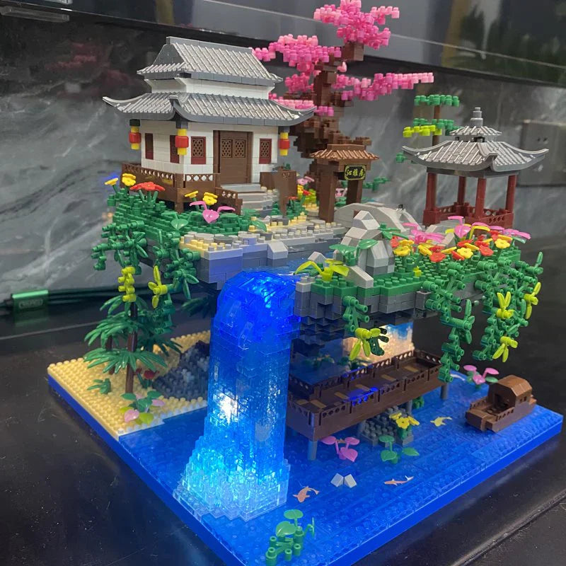 Waterfall Japanese House Sakura Tree Floating Island Nano Building Blocks | Limited Stock