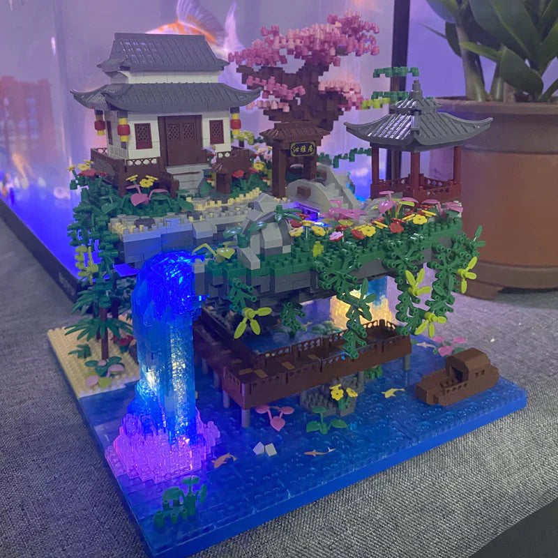 Waterfall Japanese House Sakura Tree Floating Island Nano Building Blocks | Limited Stock