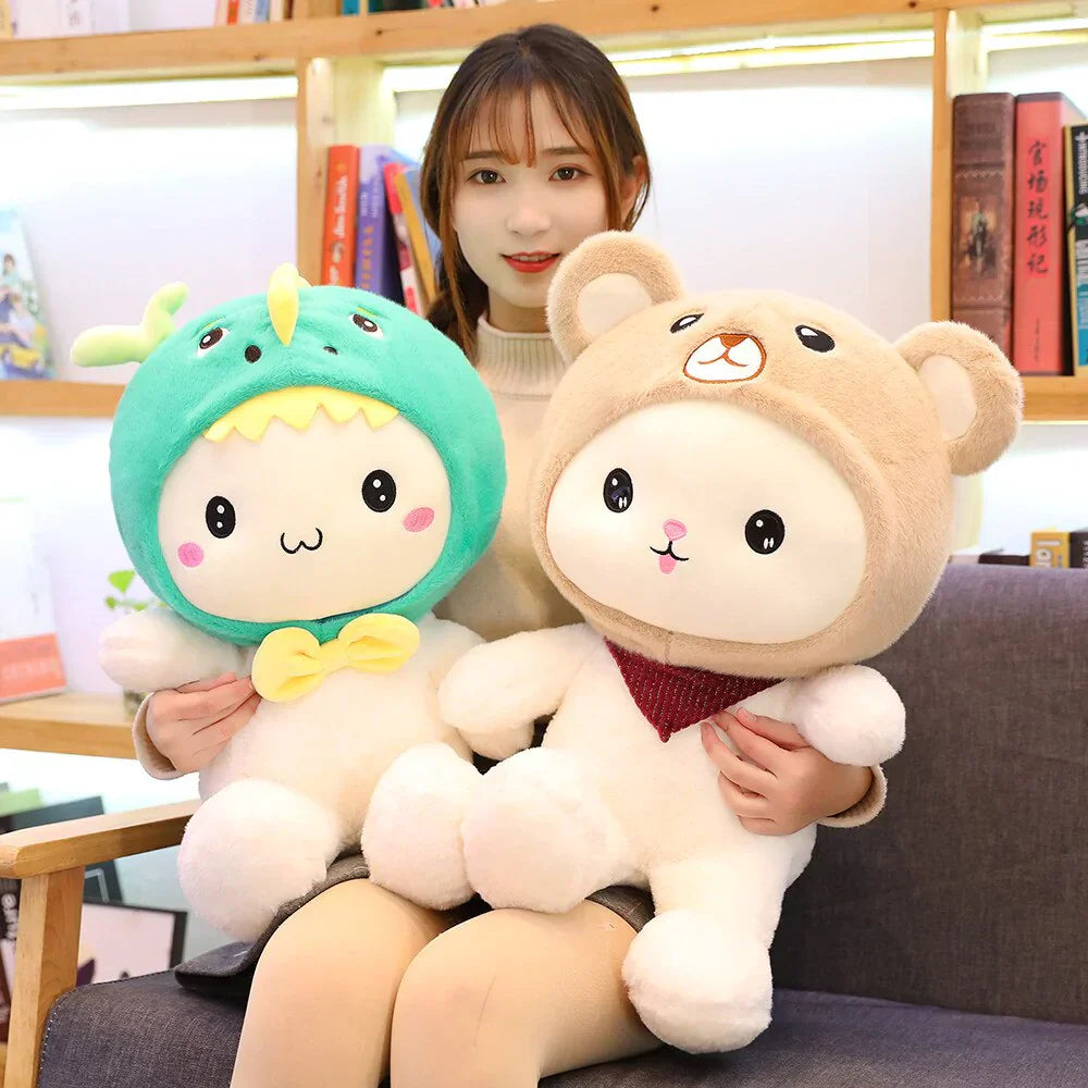White Teddy with Bunny Bear Dinosaur Hat Plushie