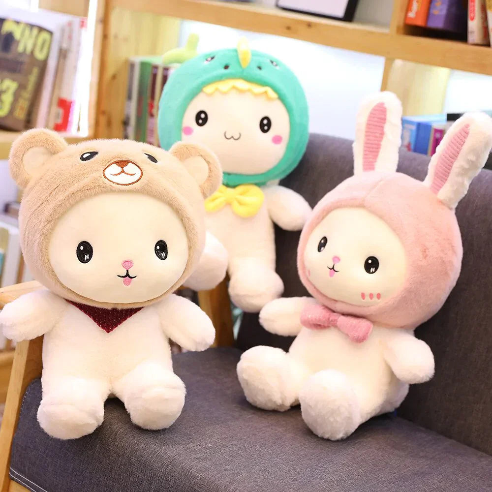 White Teddy with Bunny Bear Dinosaur Hat Plushie