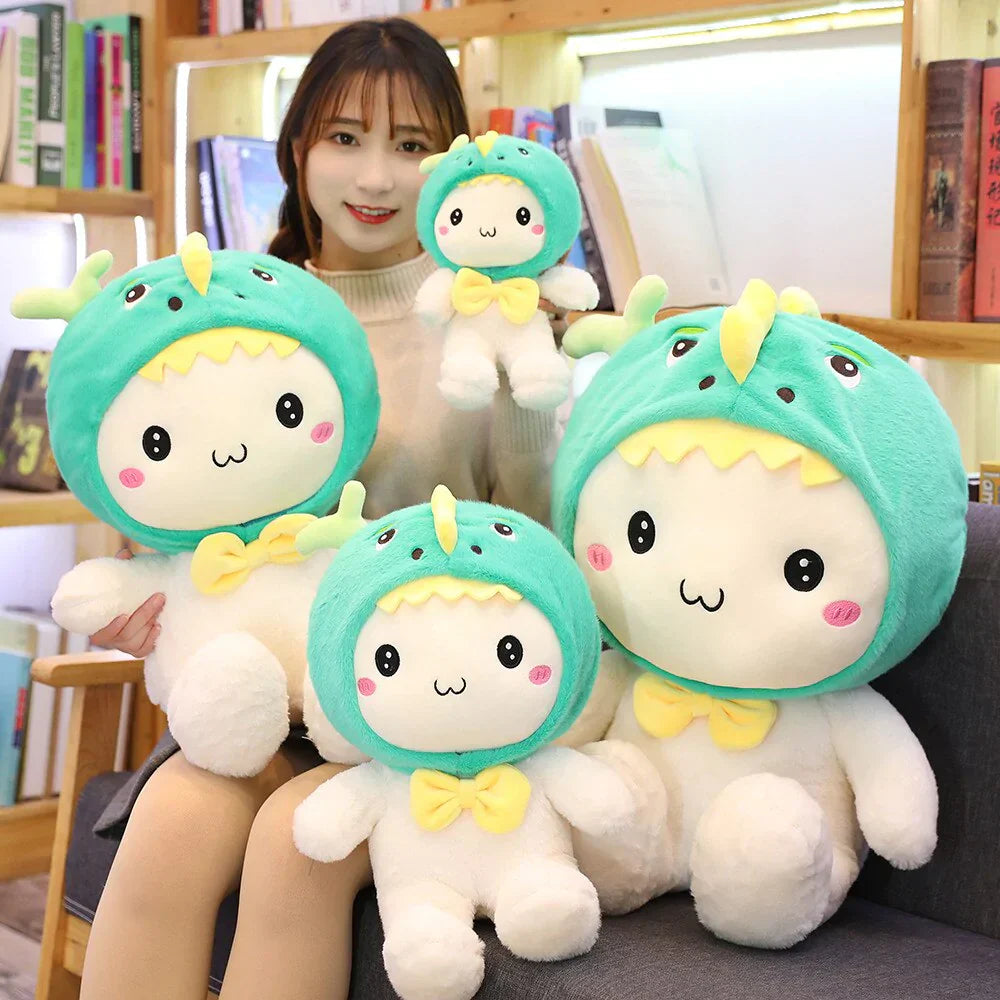 White Teddy with Bunny Bear Dinosaur Hat Plushie