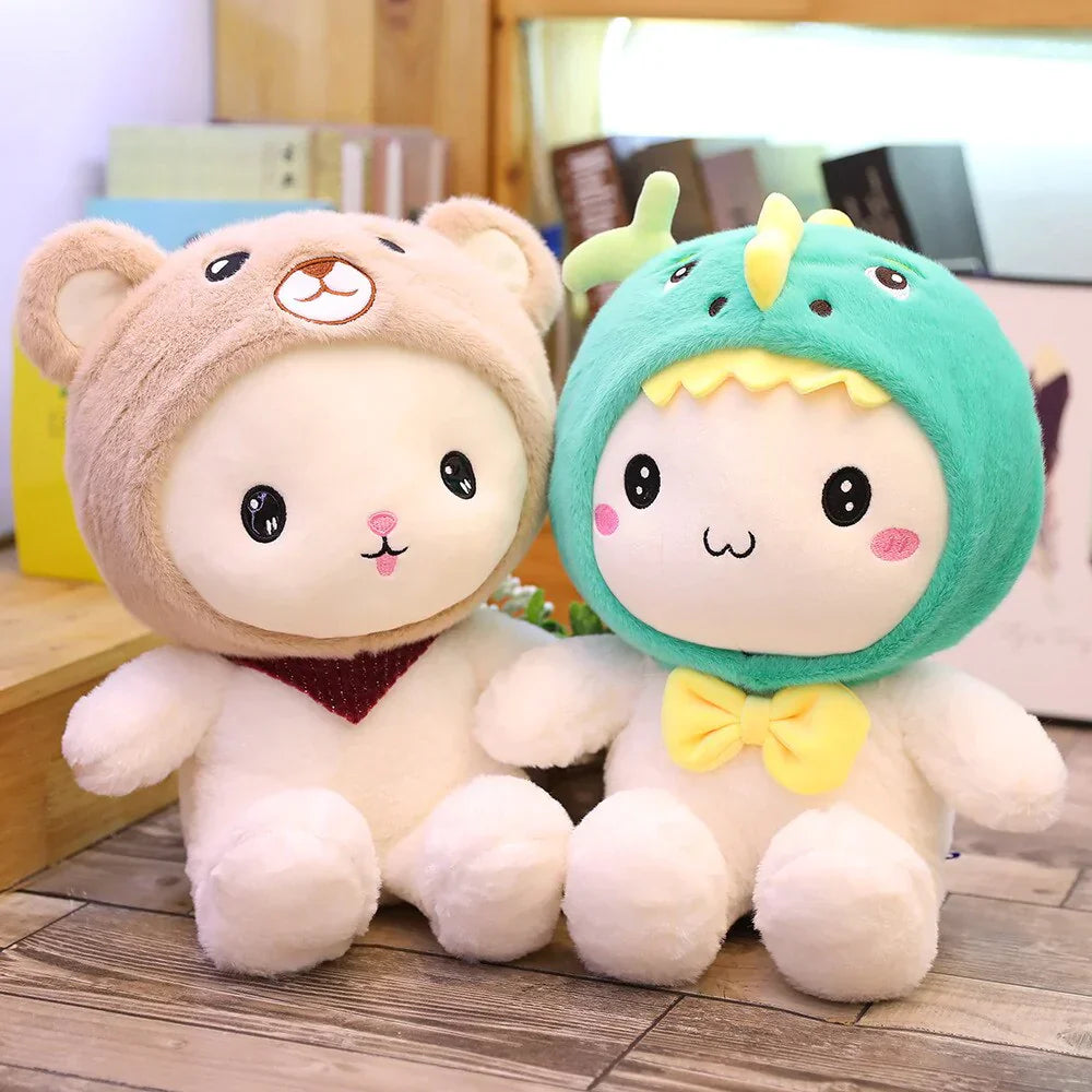 White Teddy with Bunny Bear Dinosaur Hat Plushie