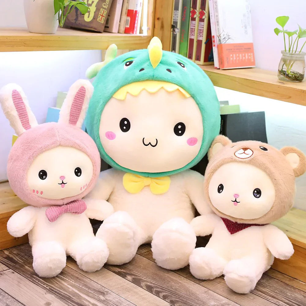 White Teddy with Bunny Bear Dinosaur Hat Plushie