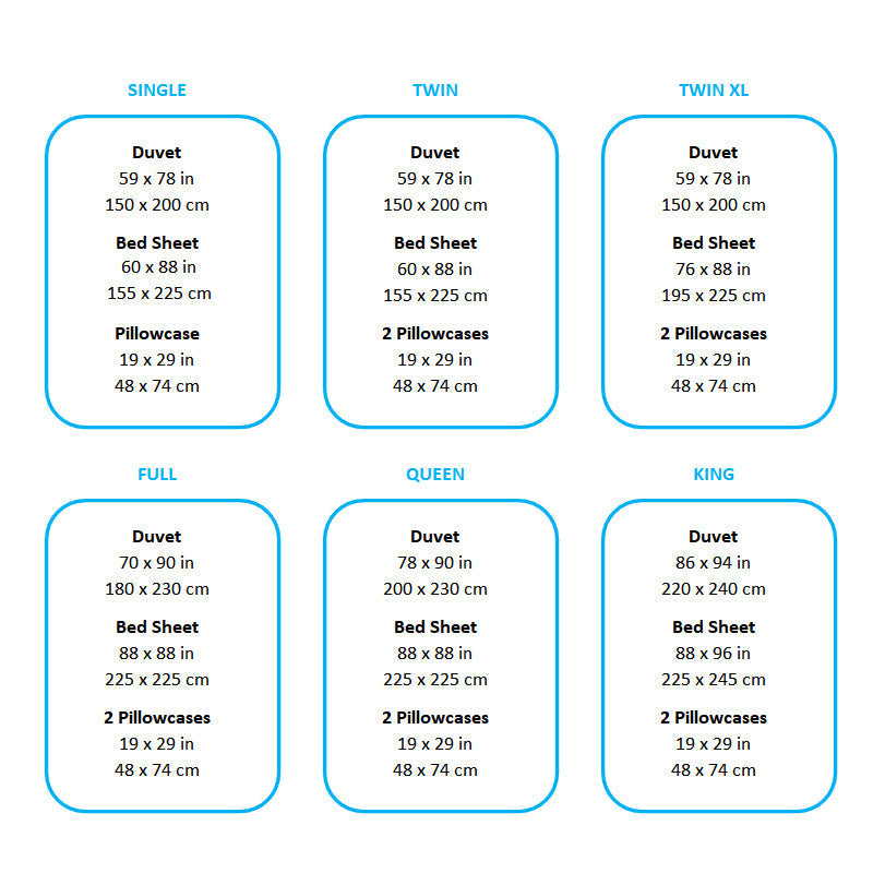 Kids bedding set size chart; single, twin, twin XL, full, queen, king sizes; duvet, sheet, pillowcase dimensions in inches and centimeters.