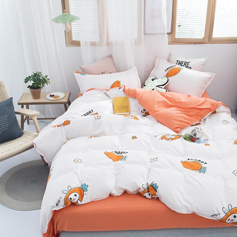 Adorable bunny and carrot kids bedding set; orange and white polyester microfiber; includes duvet cover, sheet, pillowcase(s).