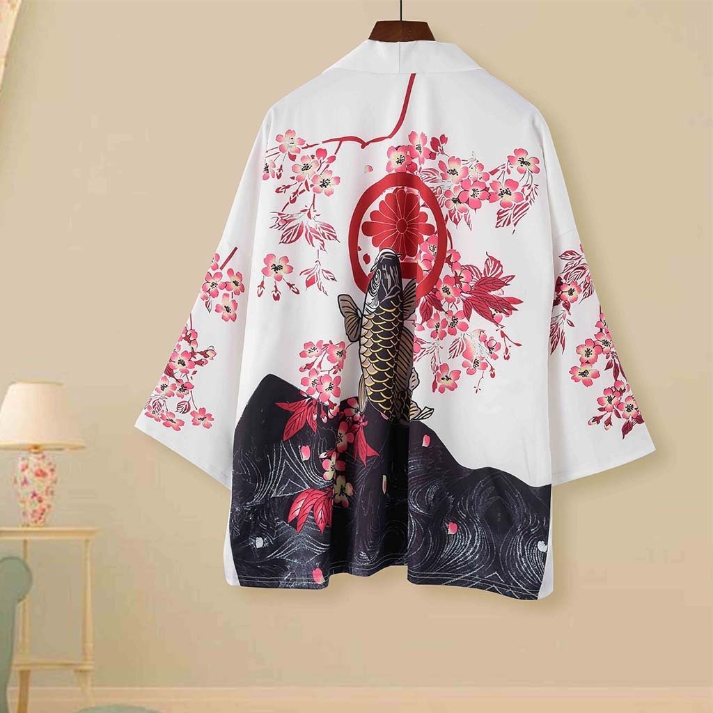 White unisex kimono with koi fish, cherry blossoms, and Kanagawa waves print; soft polyester; sizes M-XXL.