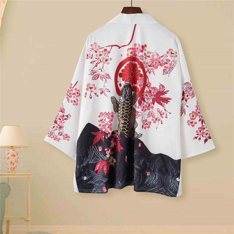 White Japanese koi fish and cherry blossom unisex kimono, polyester, M-XXL sizes.  Lightweight and soft.