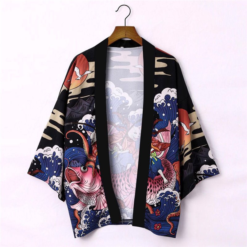Unisex black polyester kimono featuring a vibrant koi fish, Kanagawa waves, and octopus design.  Sizes M-XXL.