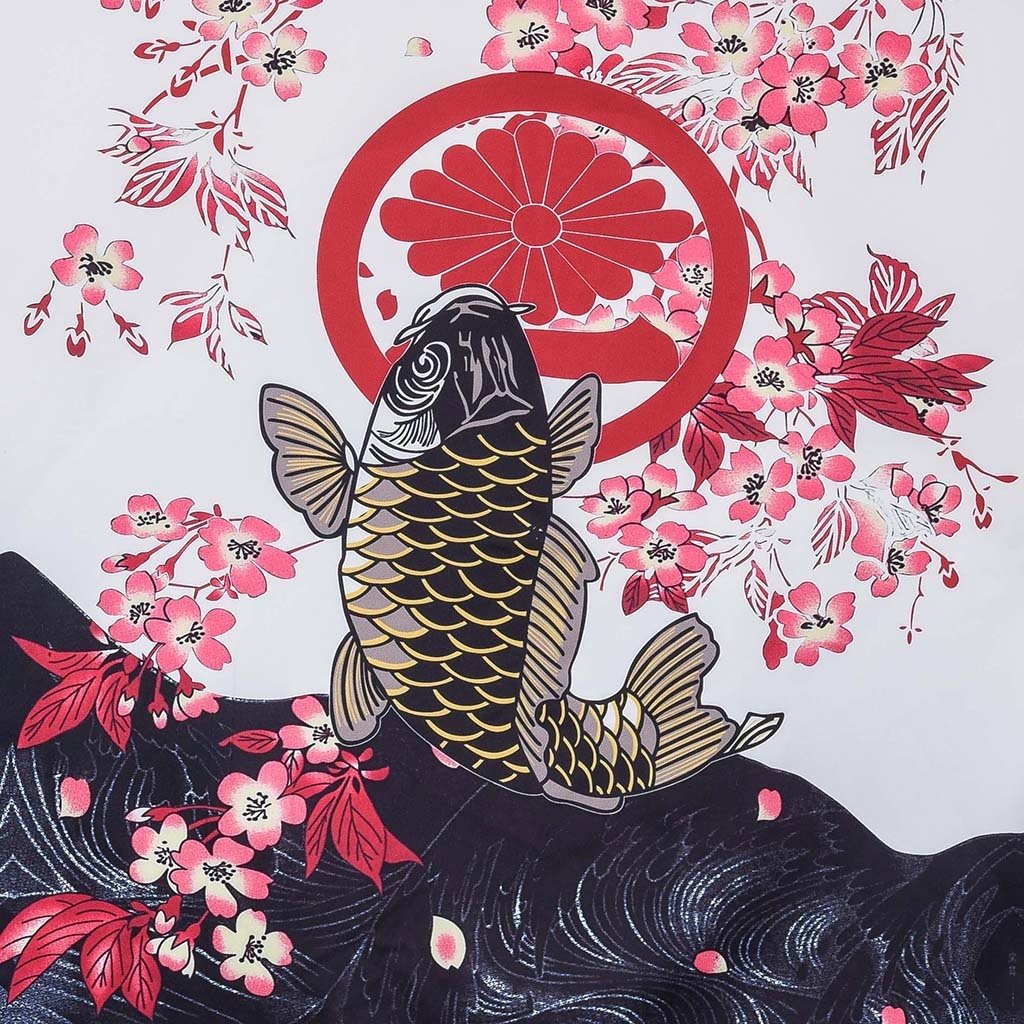 Black & gold koi fish, cherry blossoms, Kanagawa waves unisex kimono; polyester; M-XXL.