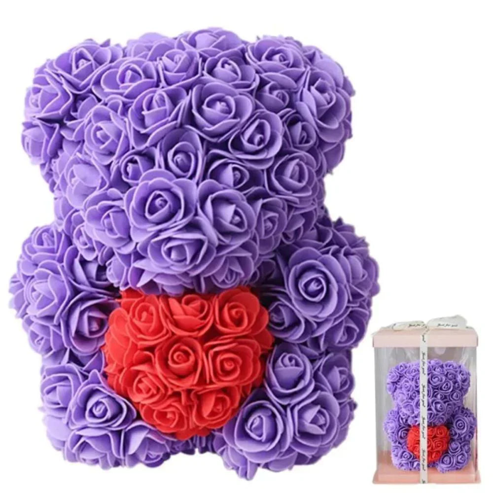 Lavender rose bear plush toy with red rose heart, 25cm, perfect gift.