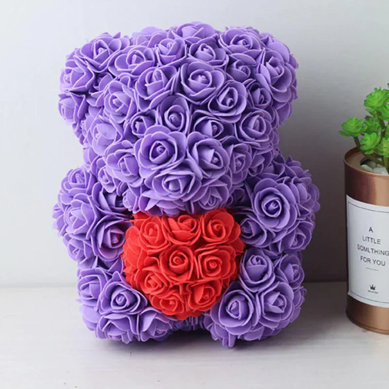 Lavender rose bear plush toy with red heart, 25cm, perfect gift.