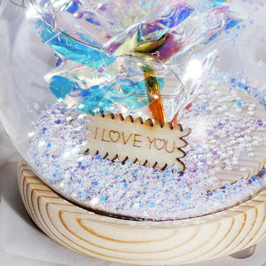 LED Galaxy Rose dome gift with preserved red rose, warm lights, wooden base, and shimmering galaxy effect. Perfect for birthdays or anniversaries.