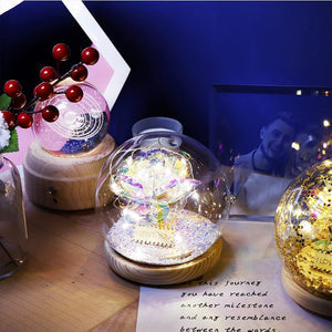Illuminated red rose preserved in glass dome; warm LED lights create galaxy effect; wooden base; perfect gift.