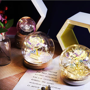 LED Galaxy Rose Dome Gift: Preserved red rose in glass dome with warm LED lights, wooden base. Perfect romantic gift. 4.72"x4.5".