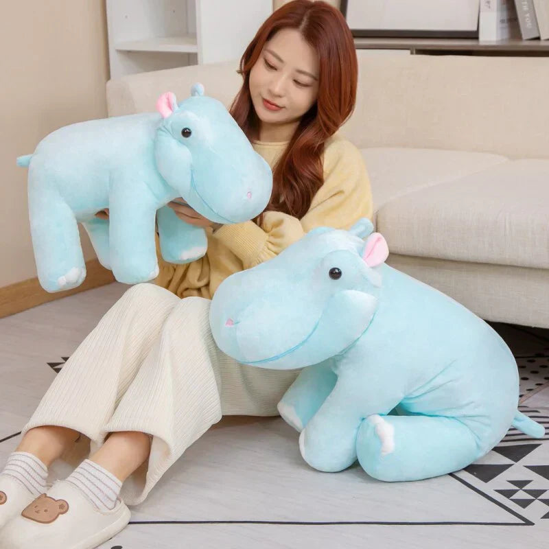 Soft light-blue hypoallergenic hippo plush toy, filled with PP cotton, perfect for cuddling and gifting.