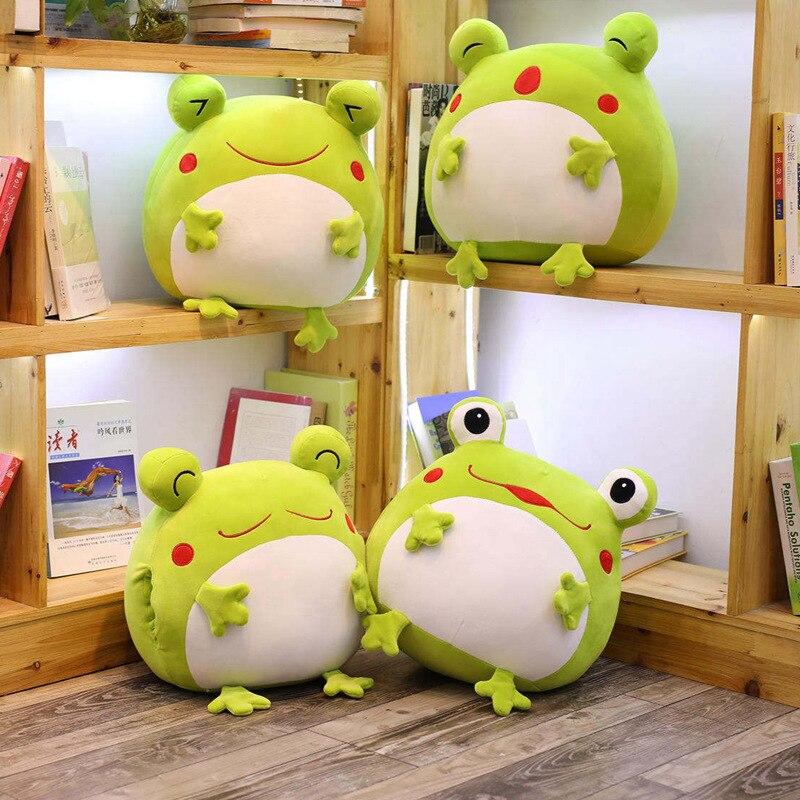 Set of four cute lime green frog plush toys, 14 inches tall, made of soft PP cotton.  Hypoallergenic and ethically sourced.