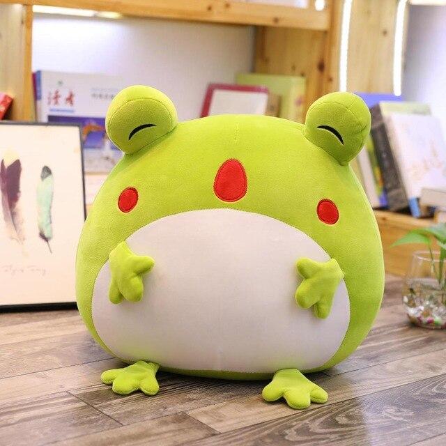 Adorable lime green frog plush toy, 14 inches tall, filled with hypoallergenic PP cotton.  Two styles available.