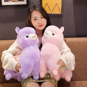Soft purple & pink llama plush pillows; 100% PP cotton, great for snuggling. Two sizes available.