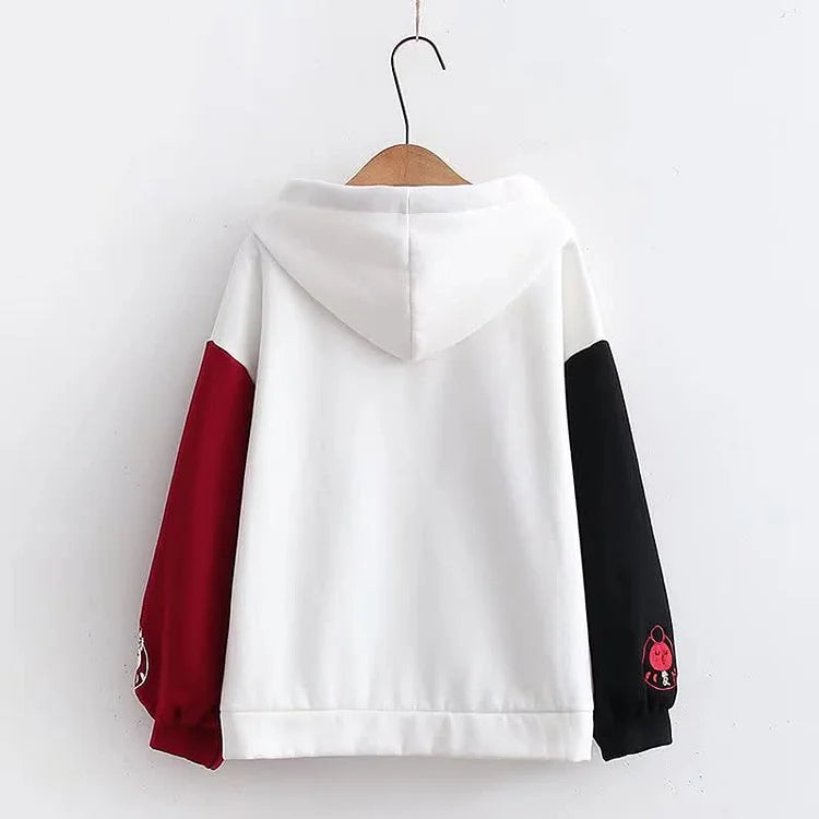 White cotton lucky cat hoodie & skirt set; red & black colorblock sleeves, cat paw print skirt, tassels.