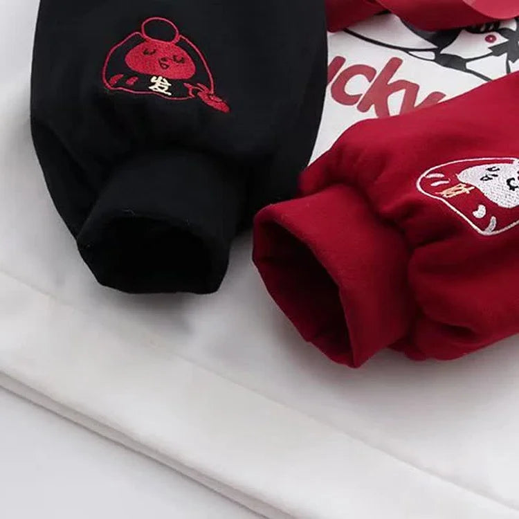 Red & black lucky cat hoodie & skirt set; cotton; cartoon print; tassels; cat paw skirt; colorblock design.