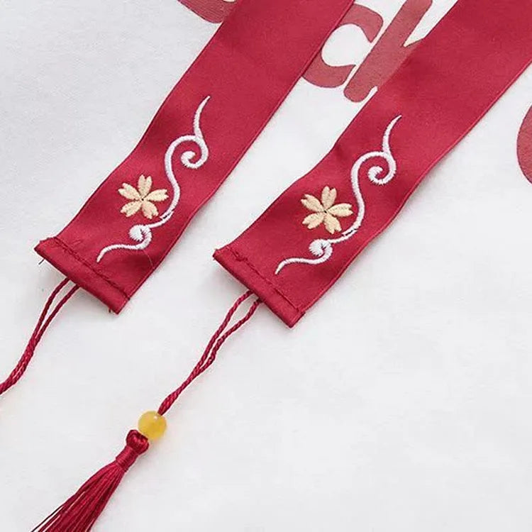Red & white lucky cat hoodie & skirt set with embroidered tassels, letter print, and cat paw details.  Cotton.