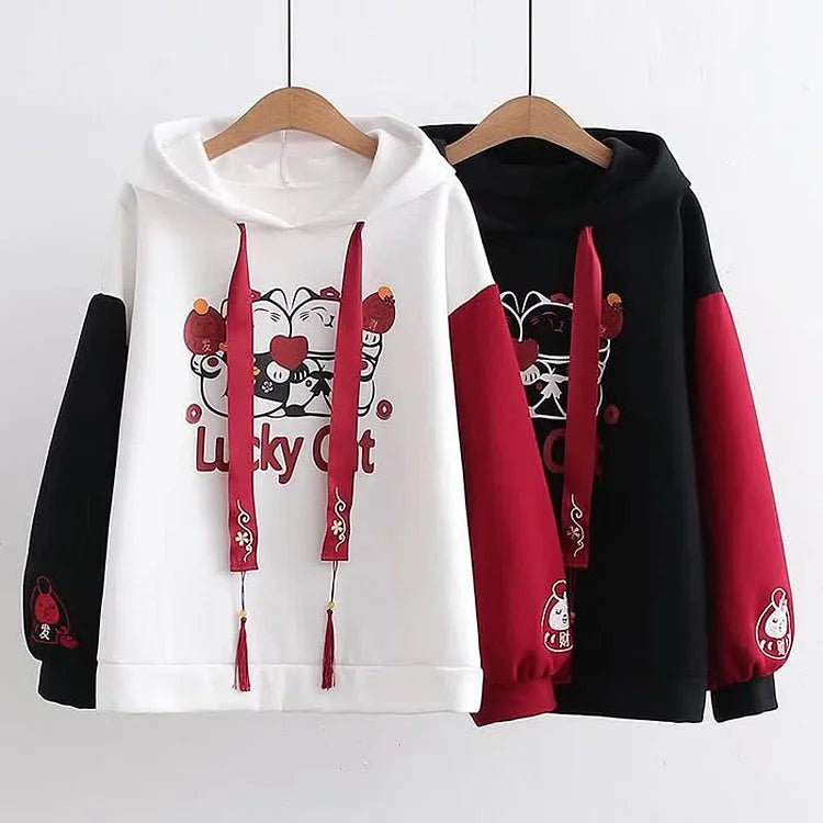 Cute lucky cat hoodie and skirt set; red & black colorblock, cotton, tassels, cartoon print, cat paws skirt.