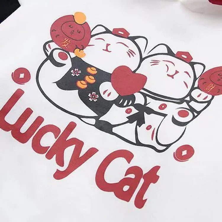 Cute white lucky cat hoodie & mini skirt set. Red & black cartoon print, tassels, cotton.