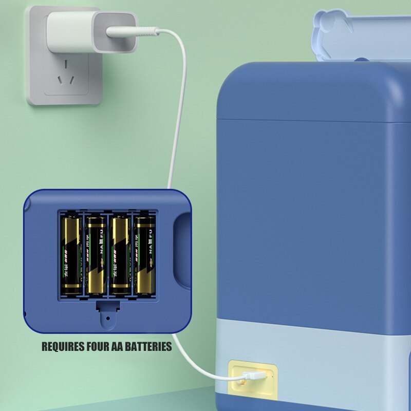Blue mini claw machine arcade game, USB or battery powered, includes small plush toys.