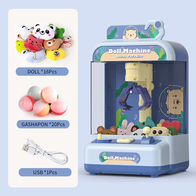 Mini Ocean Paradise claw machine; blue, plastic; includes 16 dolls, 20 gashapon balls, USB cable; 18x15x29cm.