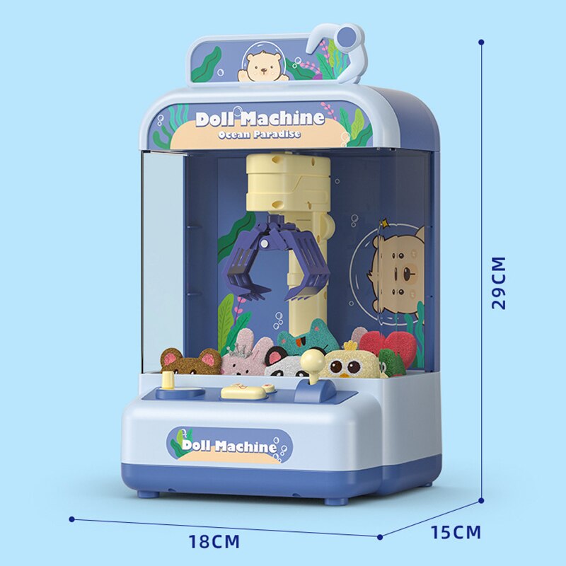 Mini Ocean Paradise claw machine toy; blue & white, 18x15x29cm; includes plush toys, USB & battery operated; kawaii bear design.