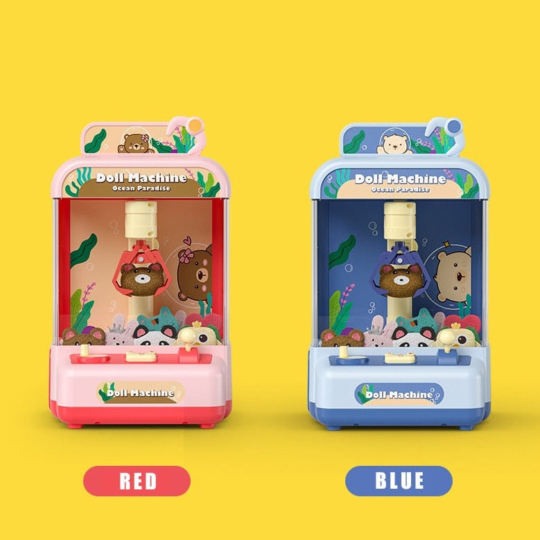 Mini Ocean Paradise claw machine; pink & blue options; features lights, sounds, & kawaii bear design; includes mini plush toys; USB/battery powered.