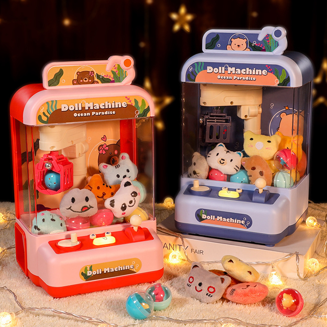 Mini Ocean Paradise claw machine; pink & blue versions, lights & sounds, includes plush toys, 18x15x29cm.