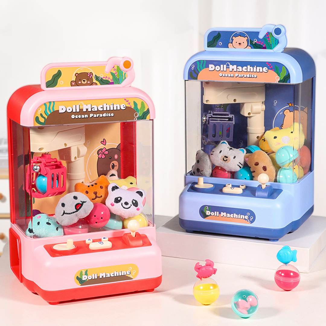 Mini Ocean Paradise claw machine; pink & blue versions, includes plush toys, lights, sounds, USB/battery powered.