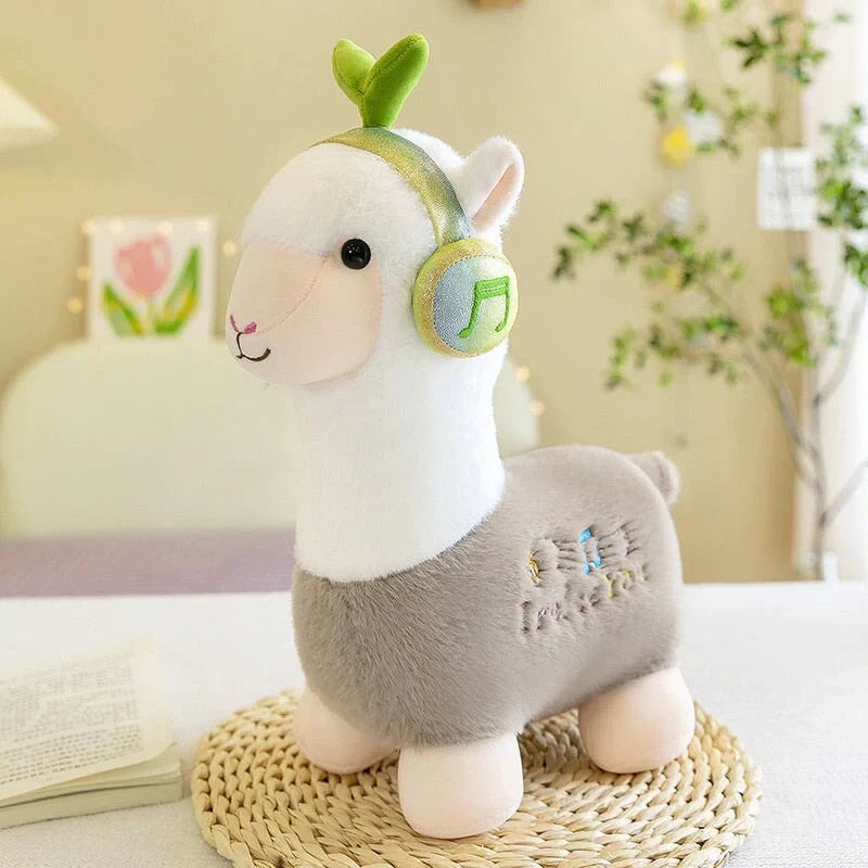 Adorable musical alpaca plush toy; grey and white, soft cotton, plays music.