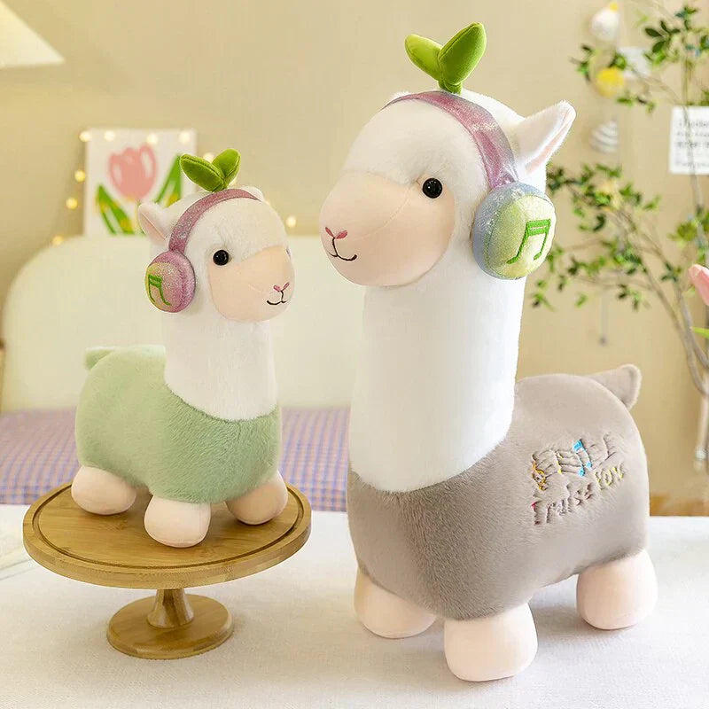 Adorable musical alpaca plush toy, pastel green & grey, super-soft cotton, ethically sourced. Perfect for snuggling.