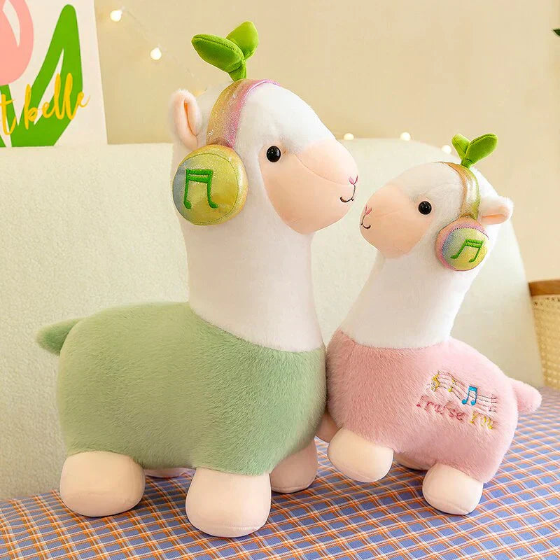 Adorable musical alpaca plush toy; pastel green & pink, soft cotton, ethically sourced, perfect for snuggling.