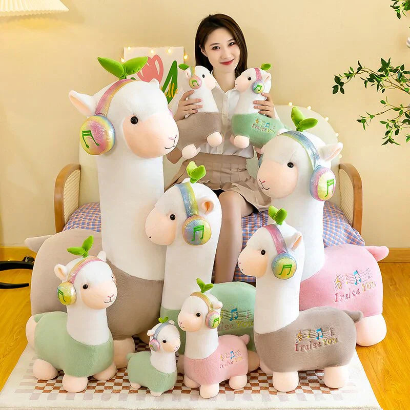 Adorable musical alpaca plush toy; soft, non-allergenic cotton; pastel colors; various sizes; perfect for snuggling.