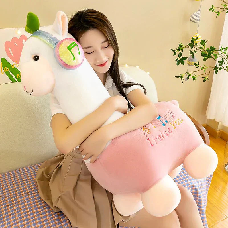 Soft pink & white musical alpaca plush toy with embroidered "I miss you" and headphone design.  Premium PP cotton filling.
