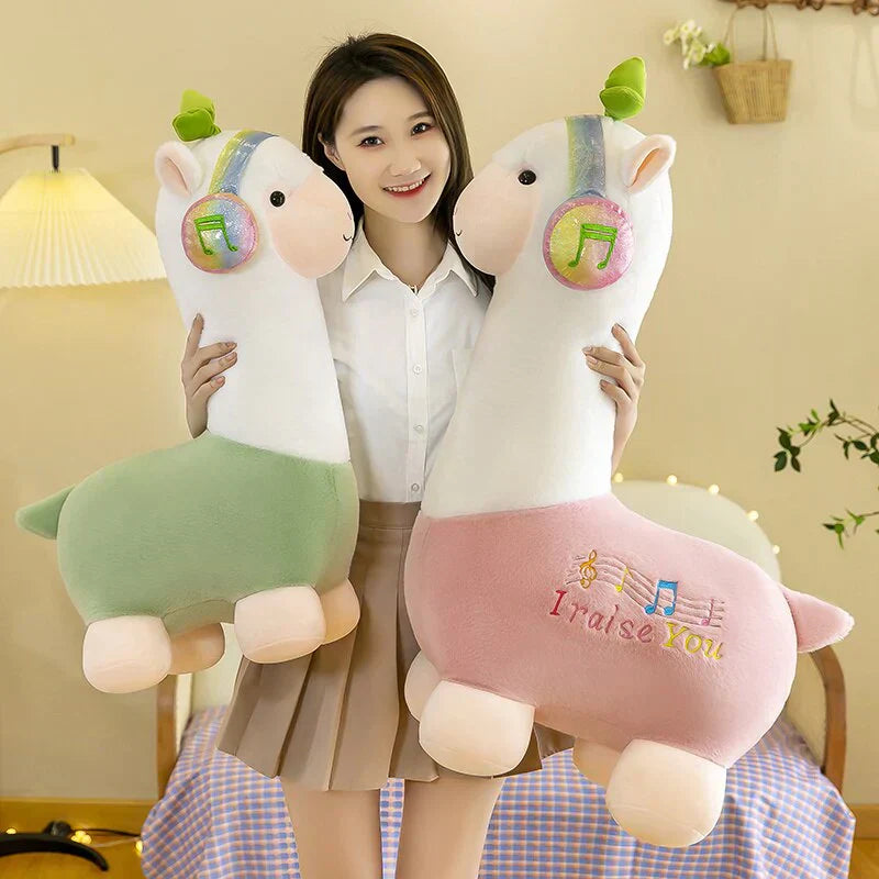 Soft musical alpaca plush toy; green & pink options, premium PP cotton filling, adorable design.