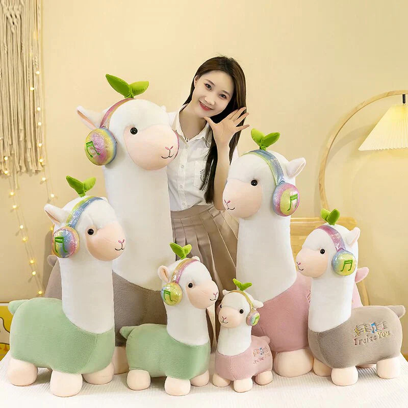 Adorable musical alpaca plush toy, super-soft cotton, ethically sourced, various sizes, perfect for cuddling.