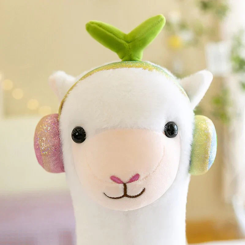 Adorable white musical alpaca plush toy with pastel headphones, green sprout, and soft cotton.