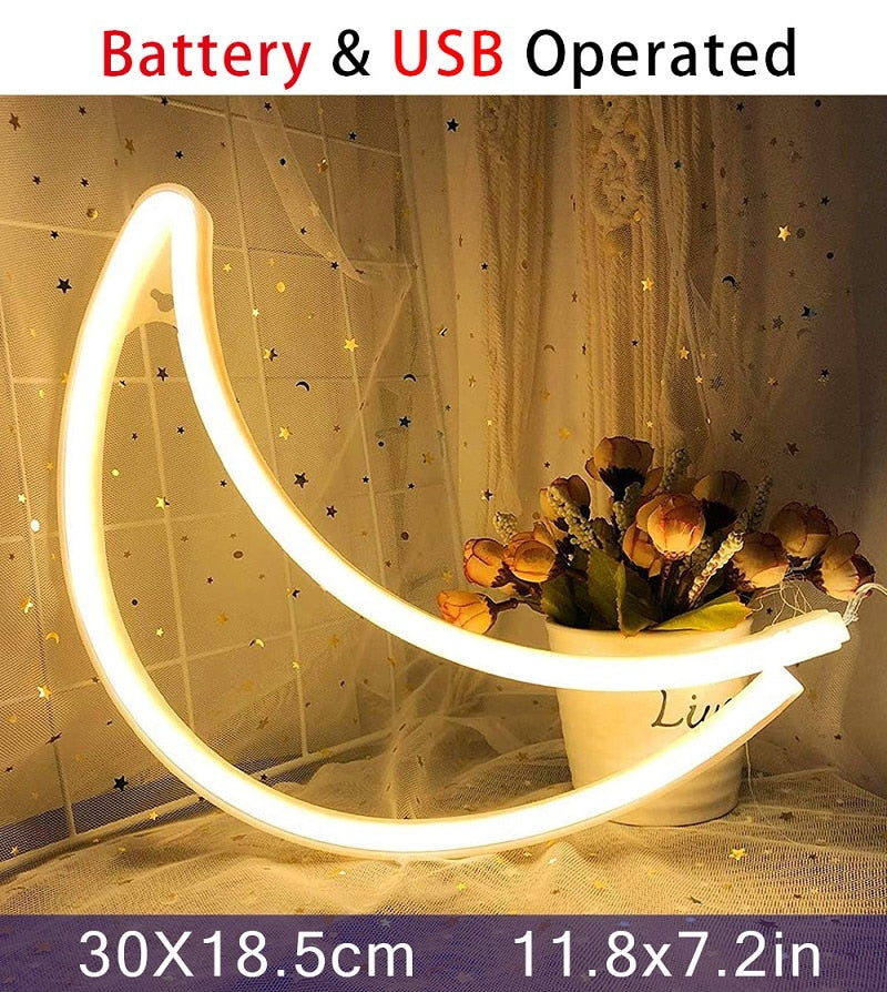 Warm white LED neon moon light, acrylic, 30x18.5cm, wall-mountable or table-top display. USB & battery operated.
