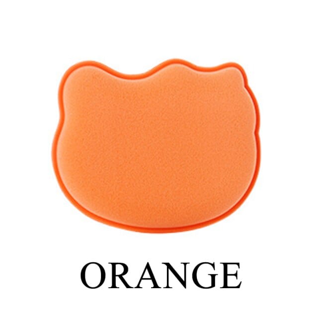 Orange cat-shaped makeup blender sponge; soft, hydrophilic polyurethane; 5.5cm; blends makeup flawlessly.