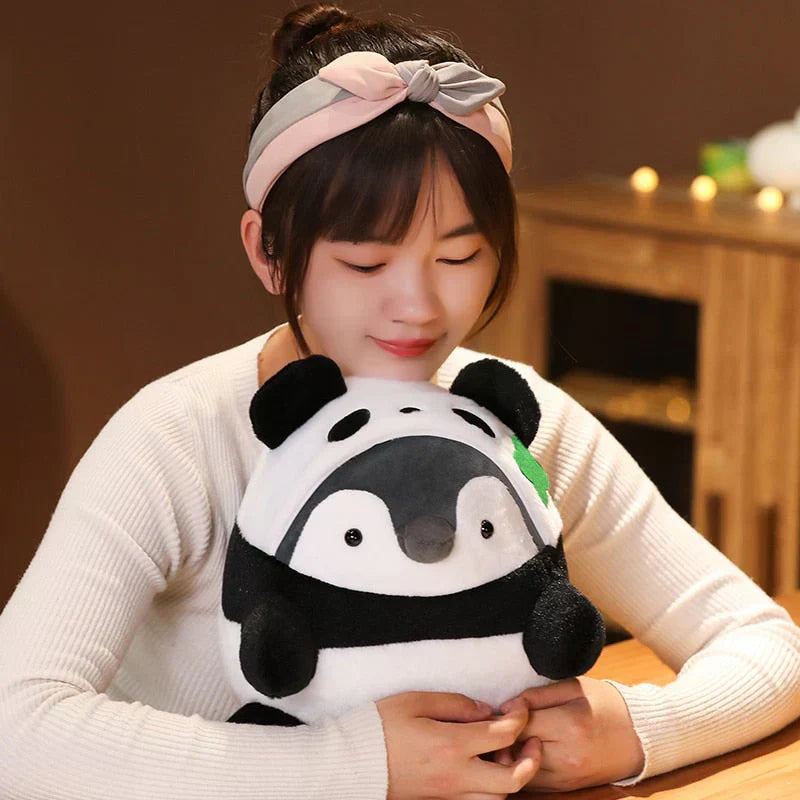 Adorable panda-penguin plush toy; soft, hypoallergenic PP cotton; available in small, medium, large.