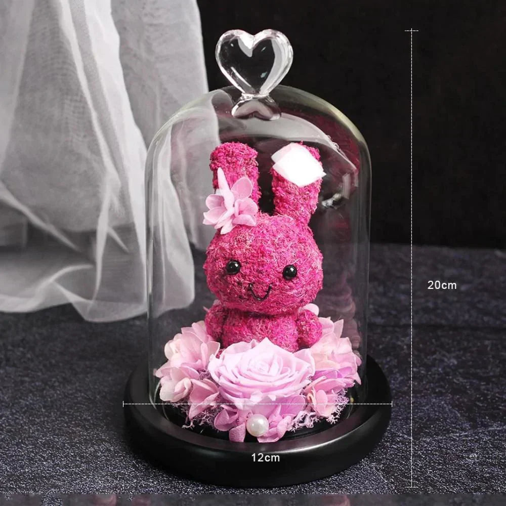 Pink preserved rose bunny LED display in glass dome; 12x20cm, perfect gift.